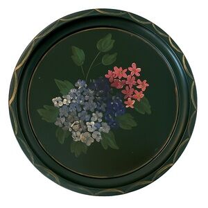 Vintage Hand-Painted Floral Metal Serving Tray Hunter Green & Gold Hydrangeas